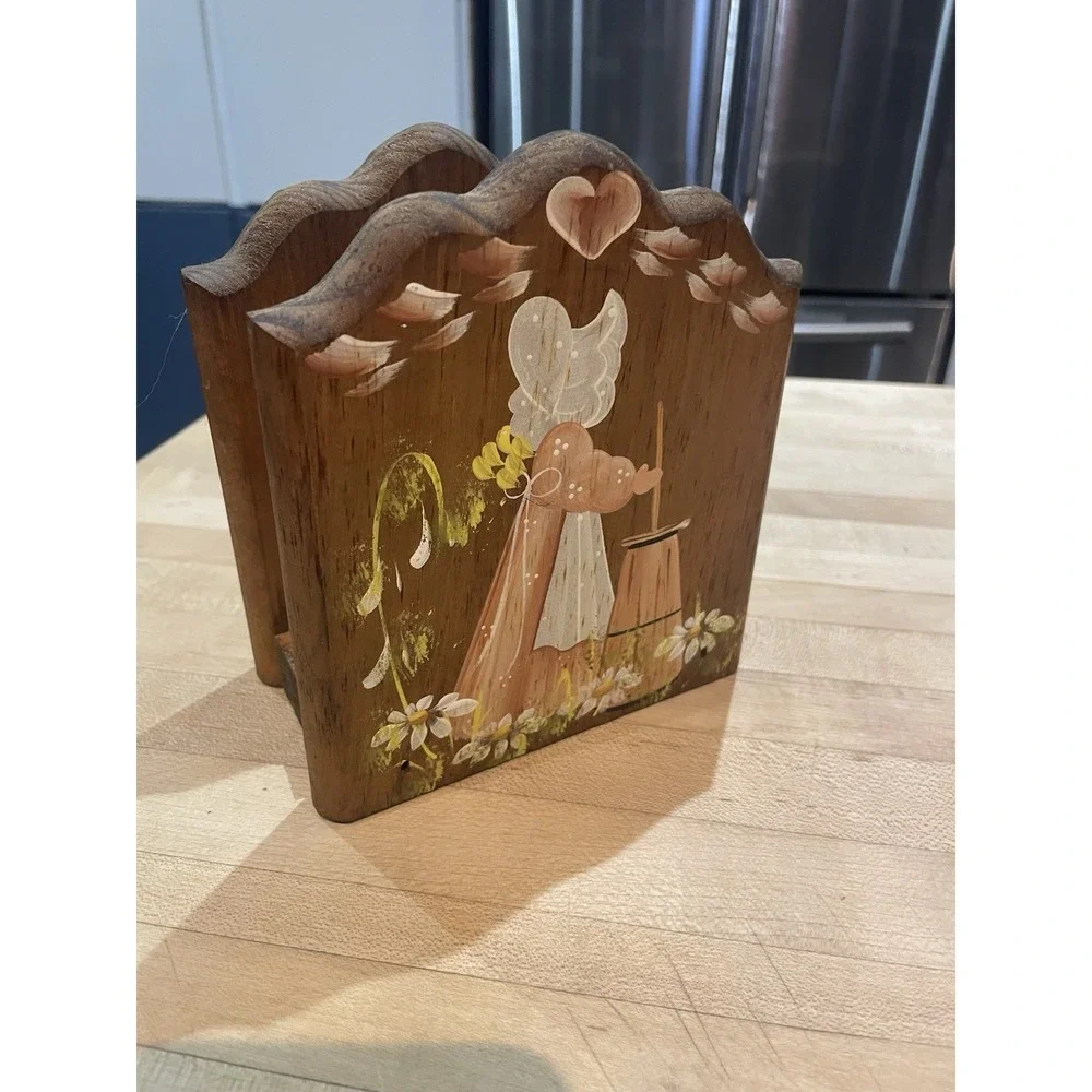 Vtg Wooden Sunbonnet Girl Pie Flowers Hand Painted Napkin Holder Country Prairie